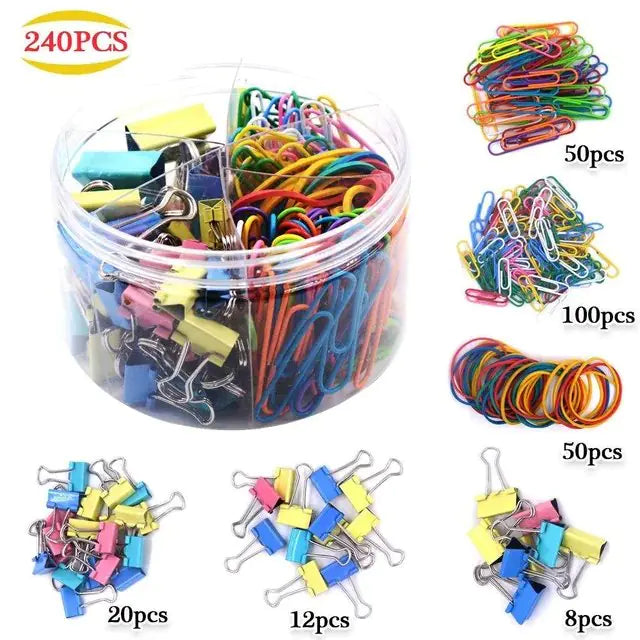 THE CEO's 240pc Colorful Mixed Paper Clips, Rubber Band, Binder Clips Stationery Set
